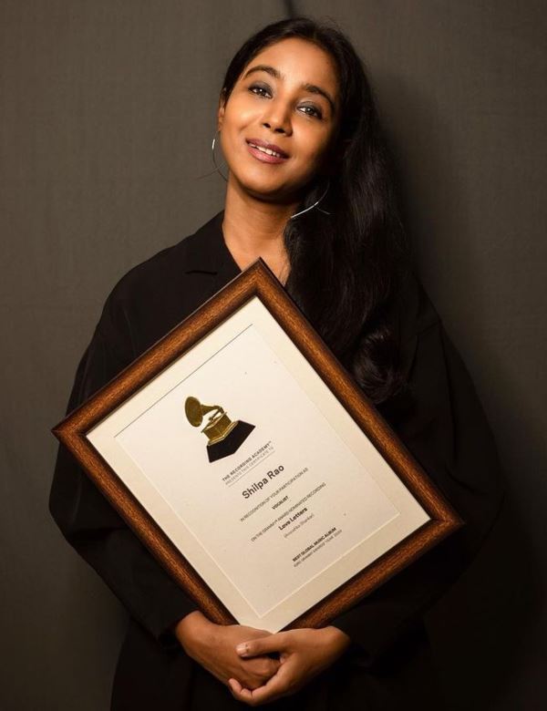 Shilpa Rao with her Grammy certificate